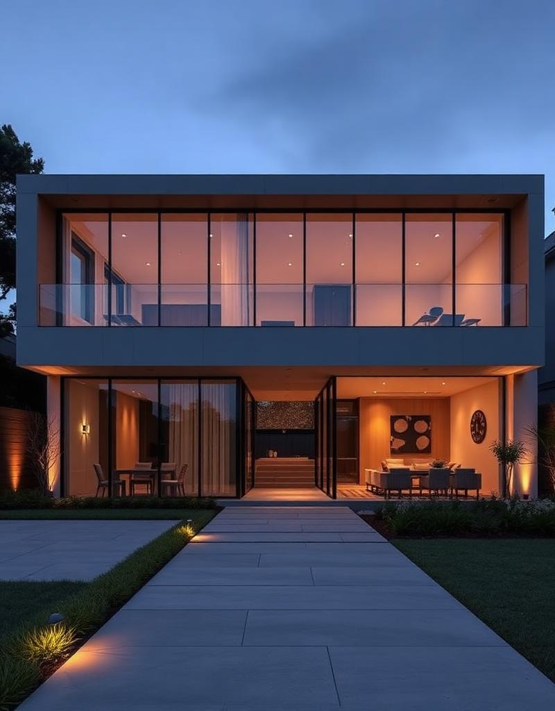 Modern architectural home exterior at dusk